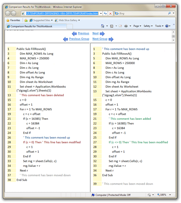Excel Workbook Visual Basic VBA Macro Code Difference Report