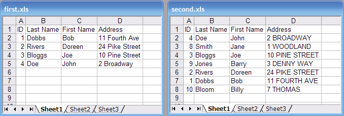 Excel Workbook Lists Before Comparison Differences